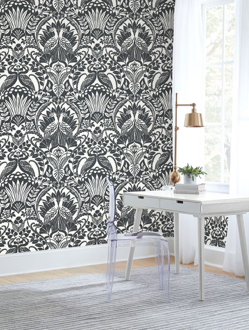 Egret Damask Black & White Wallpaper