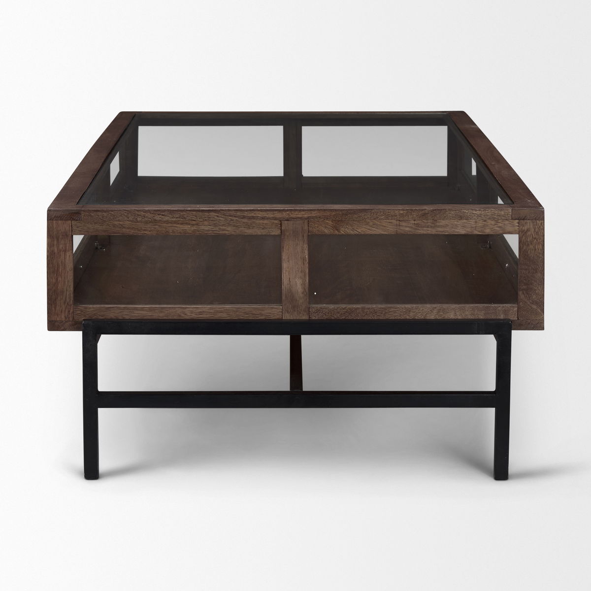 Arelius 49.5'L Rectangular Glass-Top Medium Brown Wood with Black Metal Base Display Coffee Table, by Mercana, 49.5" length x 29" width x 15" height View 3