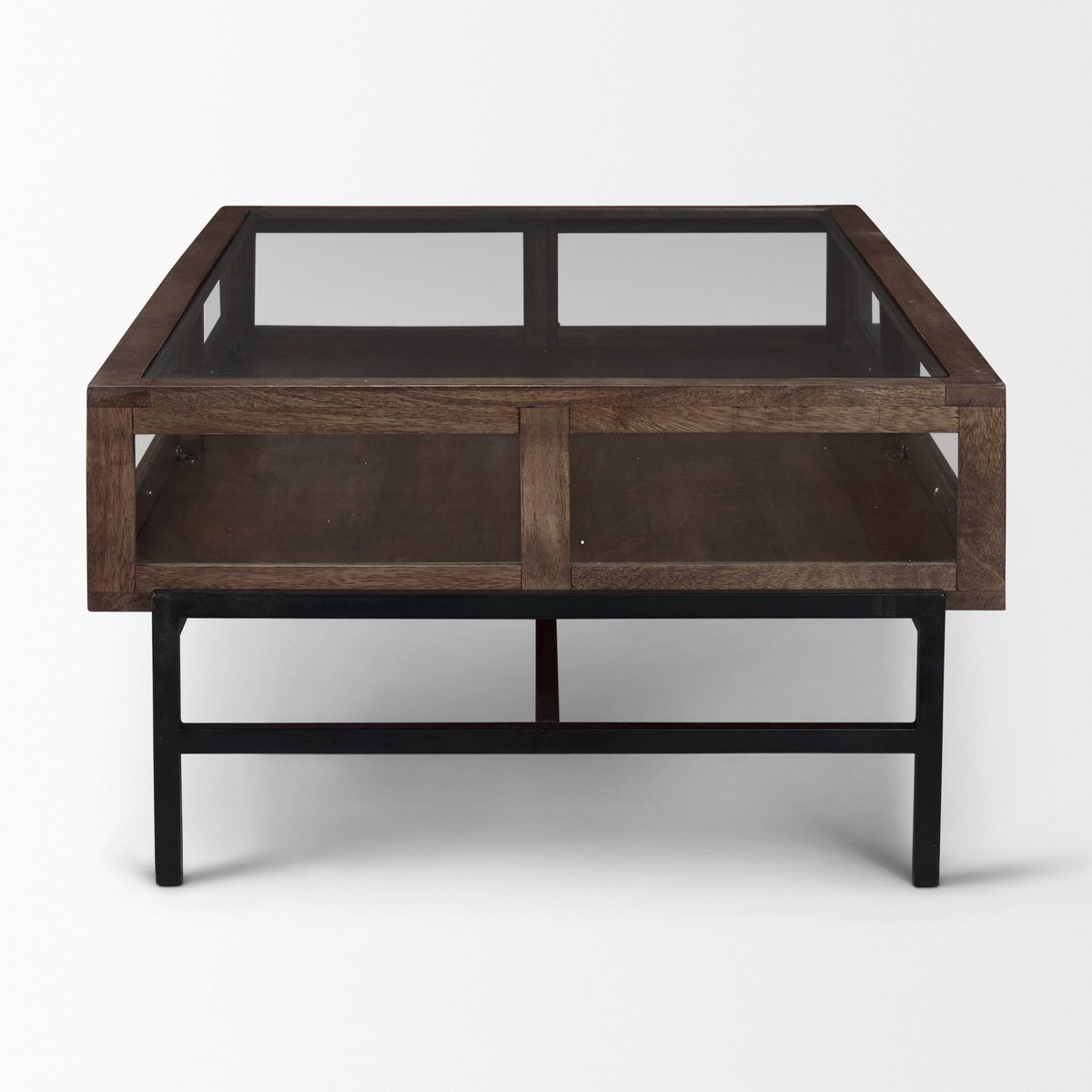 Arelius 49.5'L Rectangular Glass-Top Medium Brown Wood with Black Metal Base Display Coffee Table, by Mercana, 49.5" length x 29" width x 15" height View 3