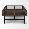 Arelius 49.5'L Rectangular Glass-Top Medium Brown Wood with Black Metal Base Display Coffee Table, by Mercana, 49.5" length x 29" width x 15" height thumbnail 3