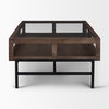Arelius 49.5'L Rectangular Glass-Top Medium Brown Wood with Black Metal Base Display Coffee Table, by Mercana, 49.5" length x 29" width x 15" height thumbnail 3