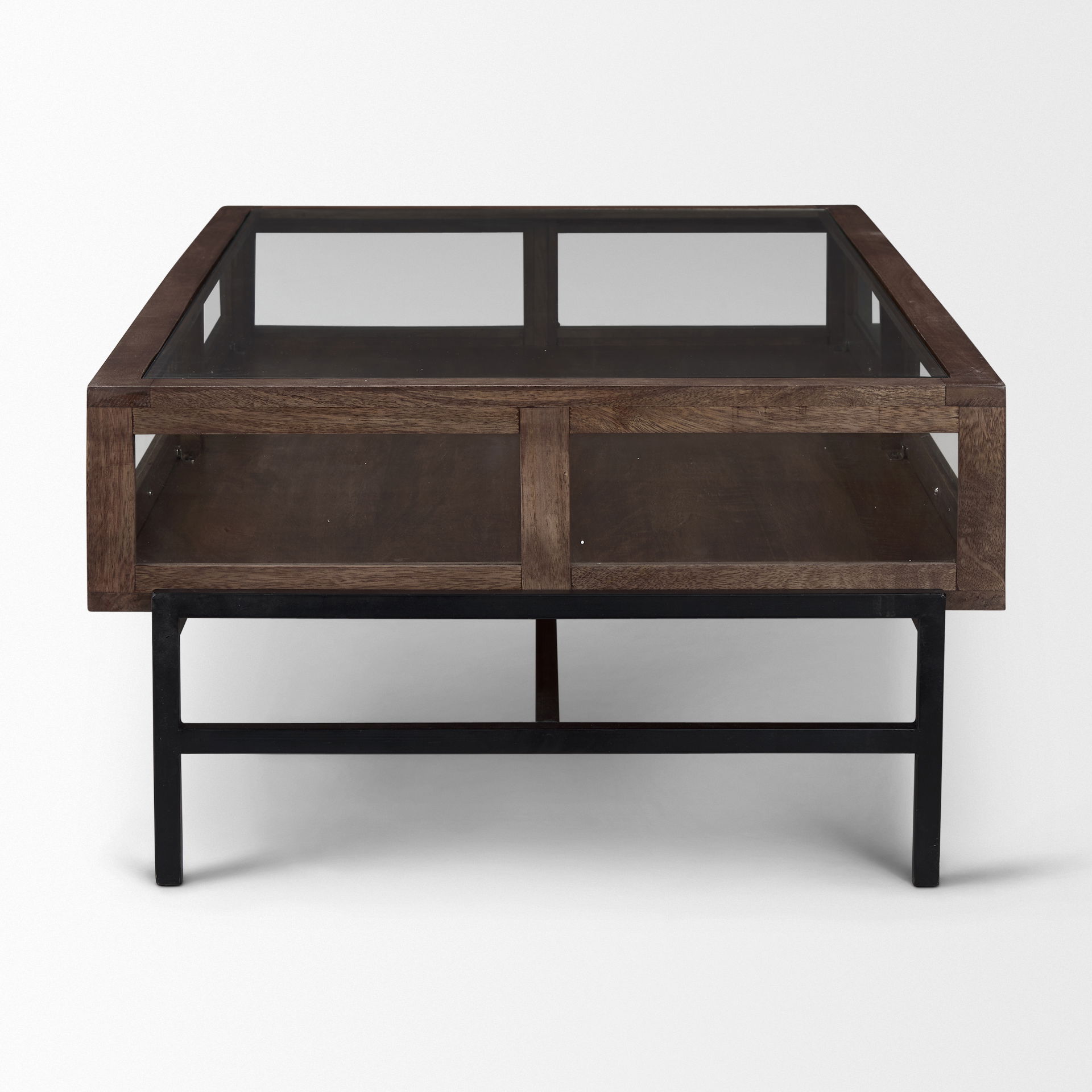 Arelius Rectangular Glass-Top Medium Brown Wood with Black Metal Base Display Coffee Table, by Mercana, 49.5" length x 29" width x 15" height View 3
