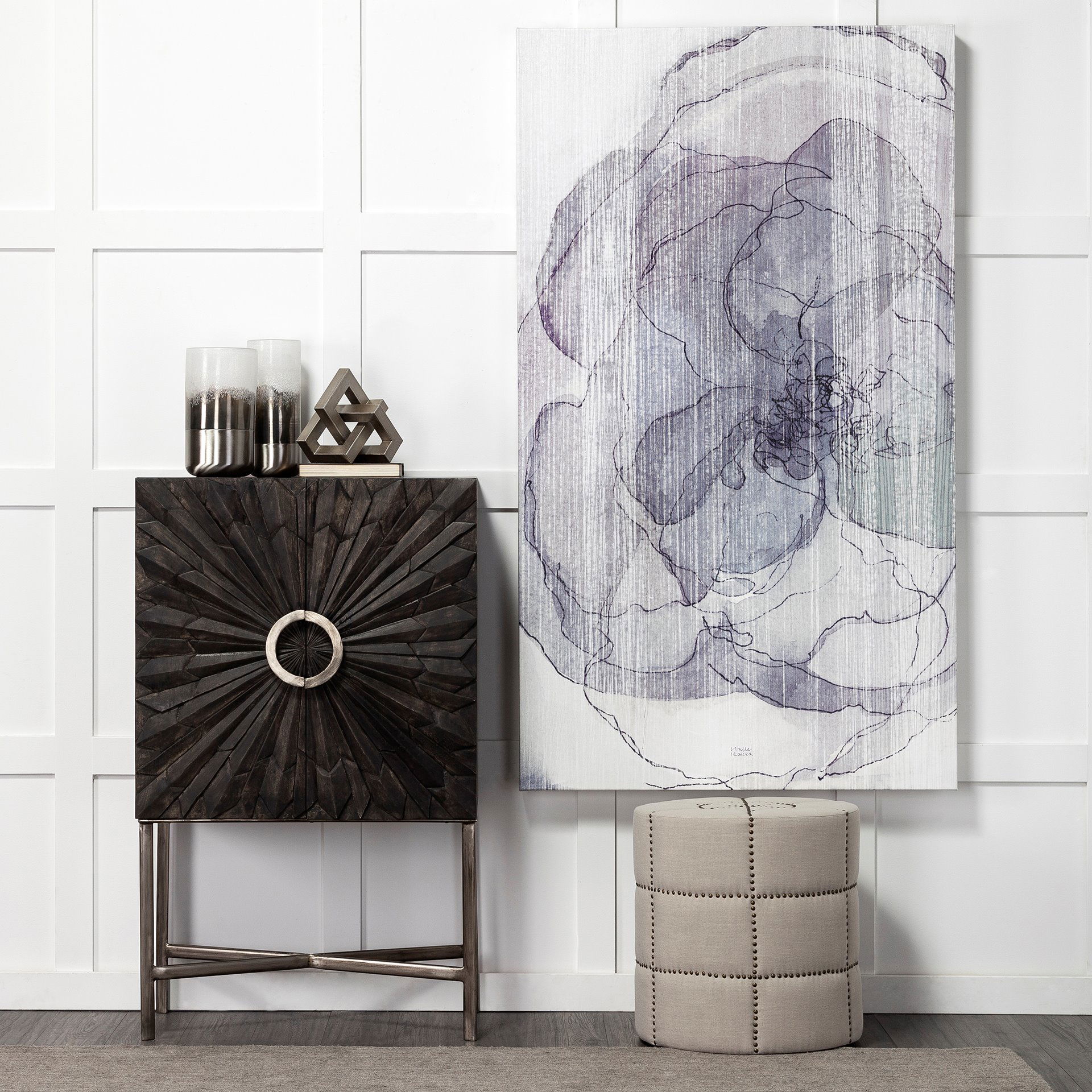 Beacon 20.5'H Cream Fabric with Metal Tacks Round Ottoman, by Mercana, 19.69" length x 19.69" width x 20.75" height View 2