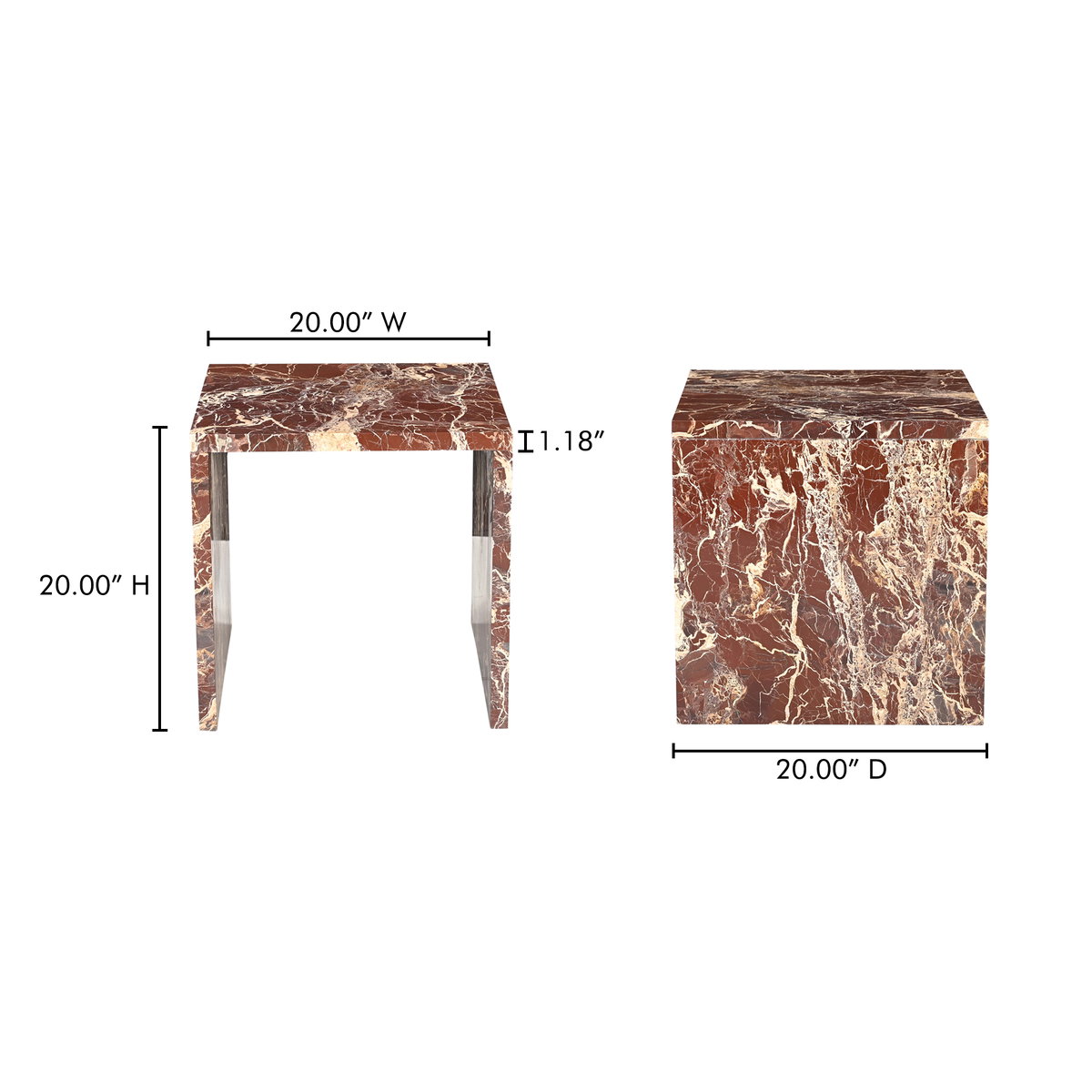 Rosa Accent Table Rosso Levanto Marble, Side & End Table by Moe's Home, 20" width x 20" height x 20" depth View 9