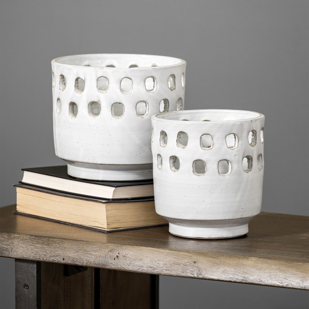 Larissa Set of Two White Ceramic Hollow Pattern Vases, by Mercana, 6.7" length x 6.7" width x 7.1" height View 3