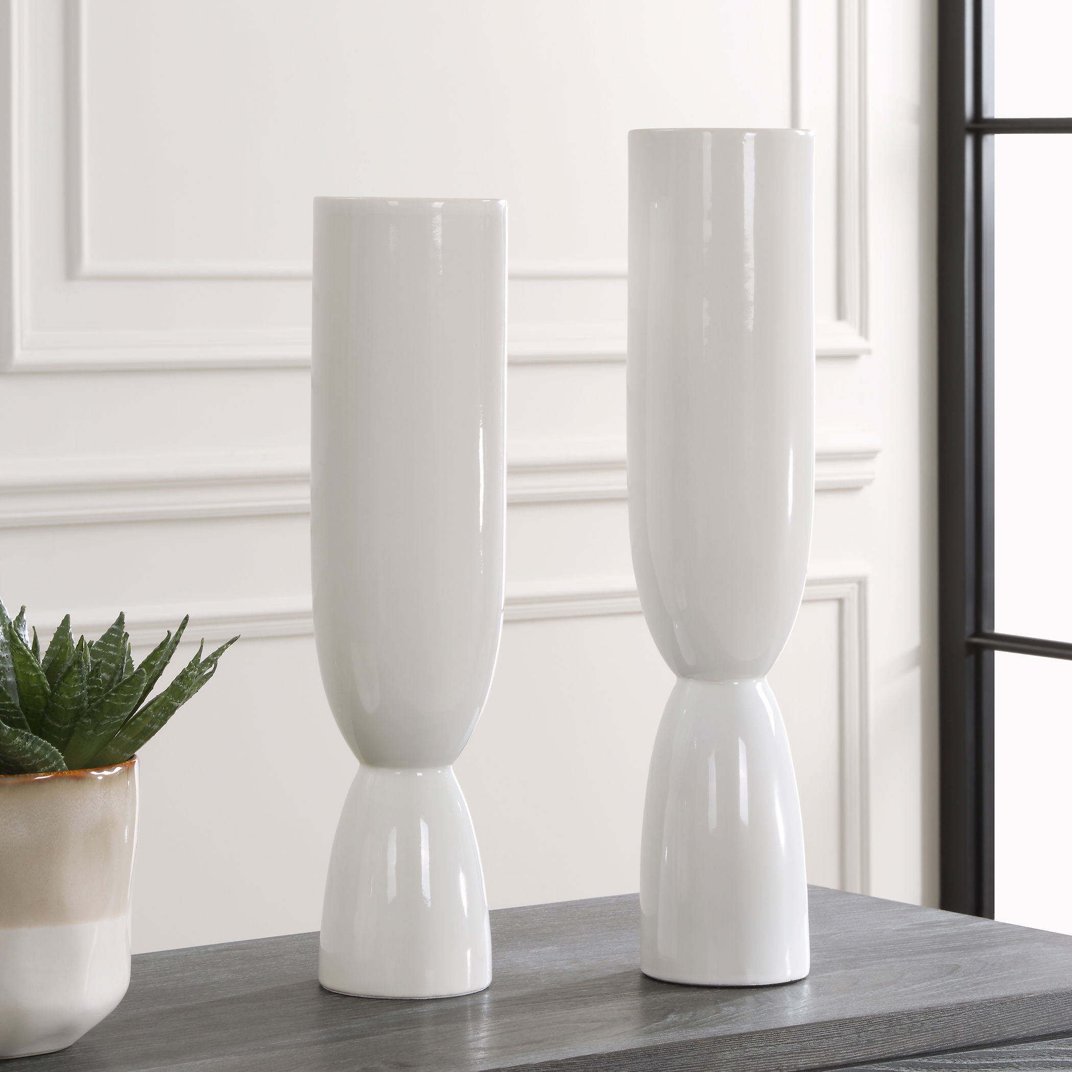 Kimist White Vases Set/2, Decorative by Uttermost, 4.5" width x 20" height x 4.5" depth View 2