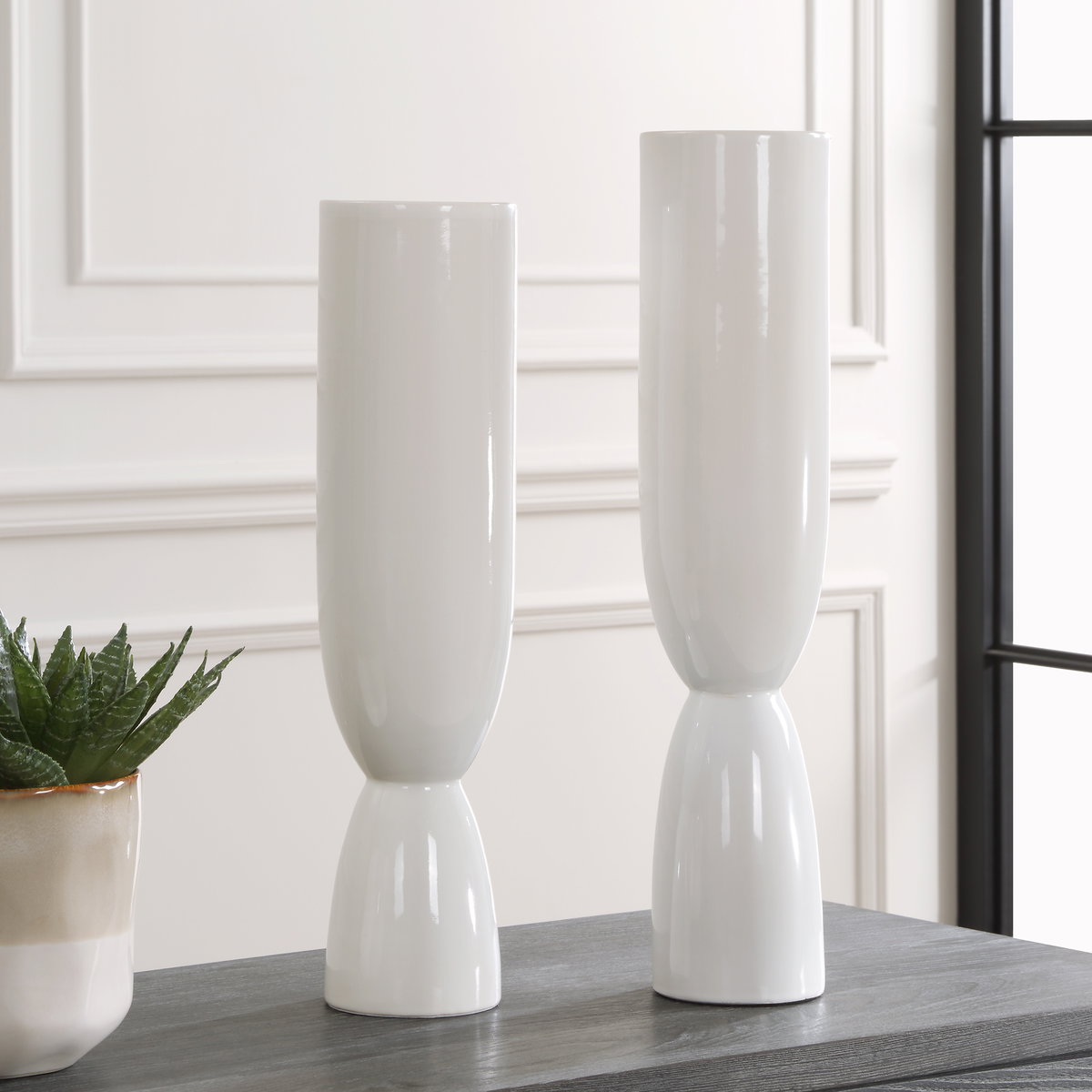 Kimist White Vases Set/2, by Uttermost, 4.5" width x 20" height x 4.5" depth View 2