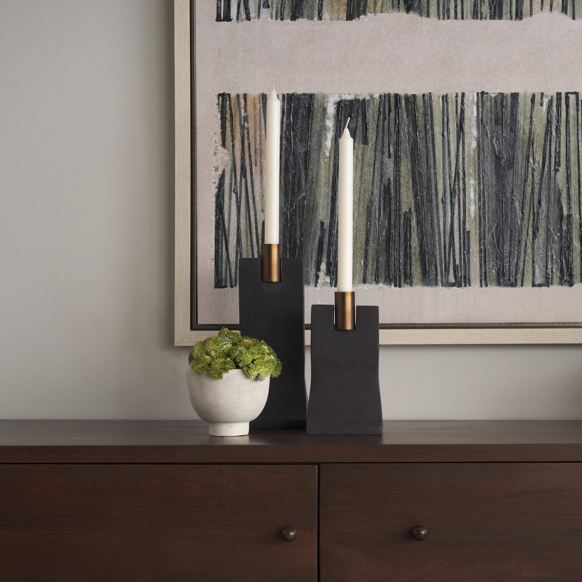 Polli Matte Black with Brushed Gold Metal Taper Candleholders (Set of 2), Candles & Candle Holder by Mercana, 4.33" length x 4.15" width x 11.4" height View 2