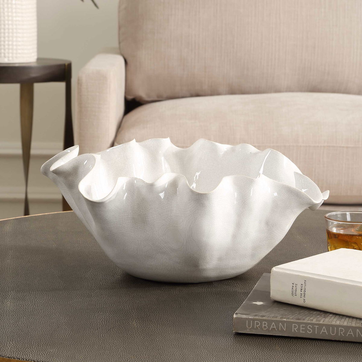 Ruffle White Bloom Bowl, Decorative Tray by Uttermost, 15.5" width x 7" height x 14" depth View 3