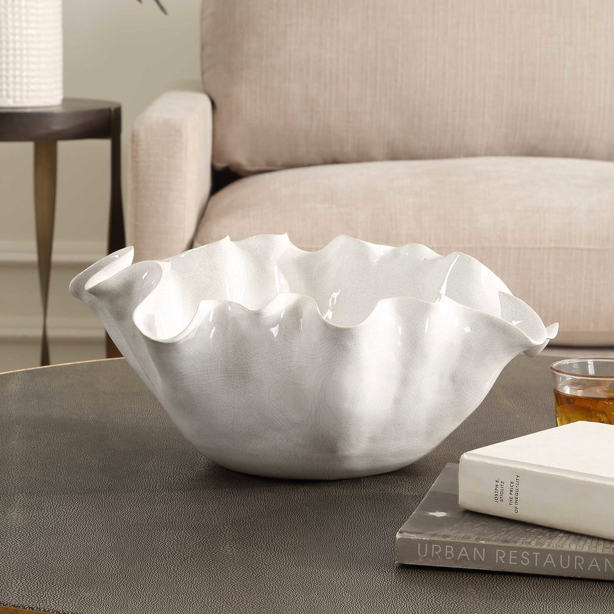 Ruffle White Bloom Bowl, Decorative Tray by Uttermost, 15.5" width x 7" height x 14" depth View 3