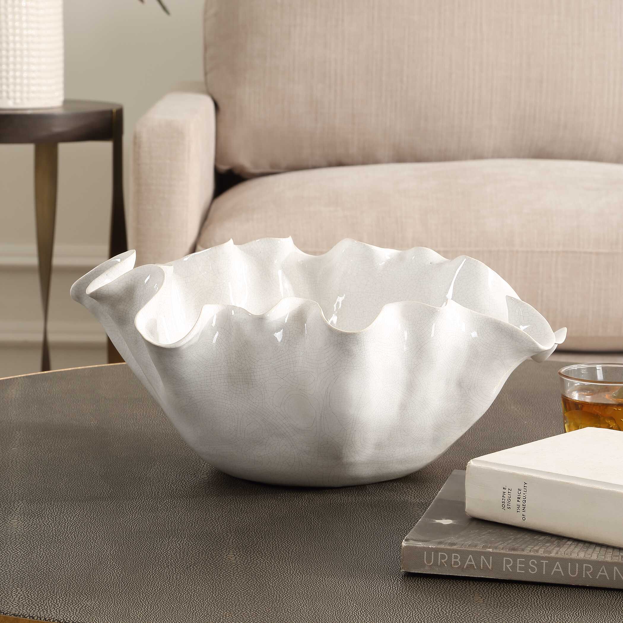 Ruffle White Bloom Bowl, Decorative by Uttermost, 15.5" width x 7" height x 14" depth View 3