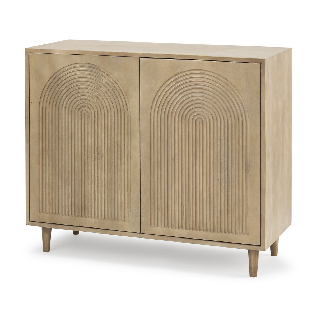 Tucker Light Brown Wood with Carved Arch Pattern 2 Door Accent Cabinet, Cabinets & Chest by Mercana, 36" length x 15" width x 30" height View 1
