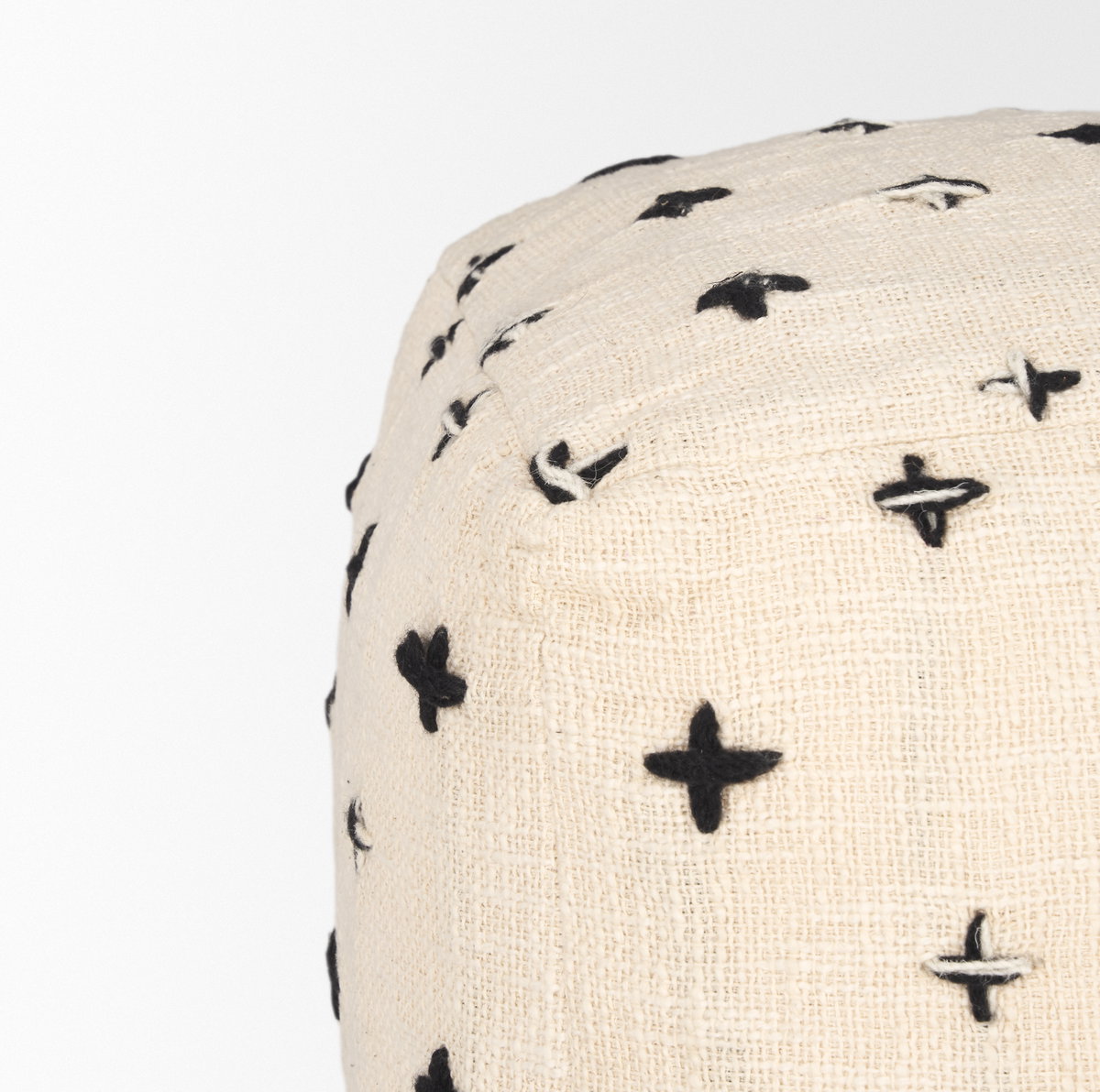 Saanvi Wool with Cream and Black Stitched Cross Patterned Pouf, Ottoman by Mercana, 16" length x 16" width x 16" height View 7