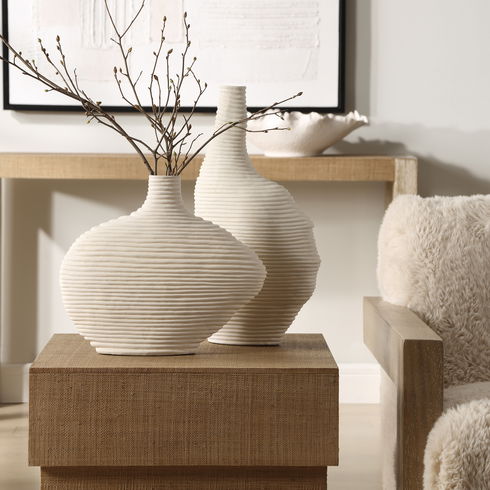 Duostacked Matte White Vases, S/2