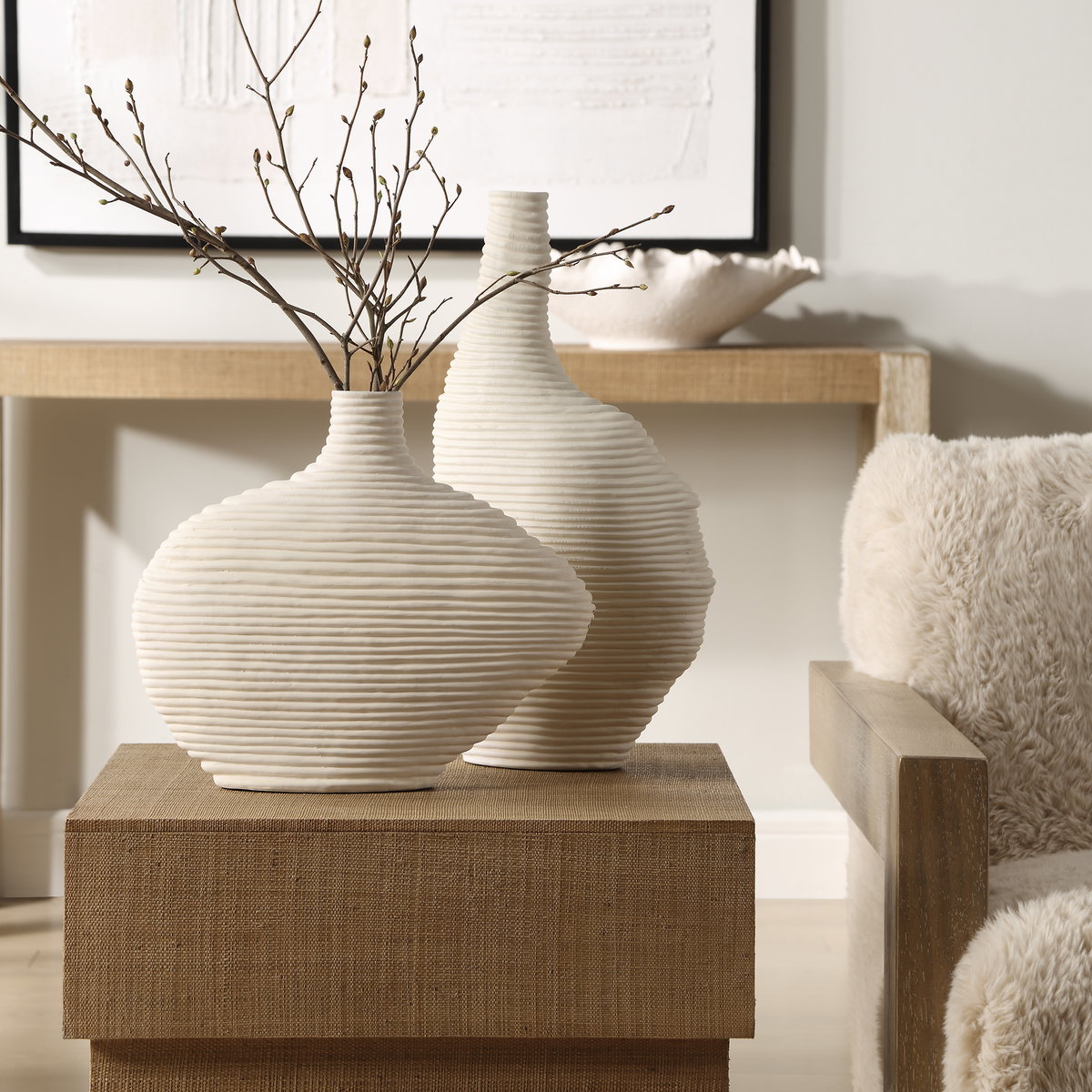 Duostacked Matte White Vases Set/2, by Uttermost, 10.5" width x 18" height x 4" depth View 2