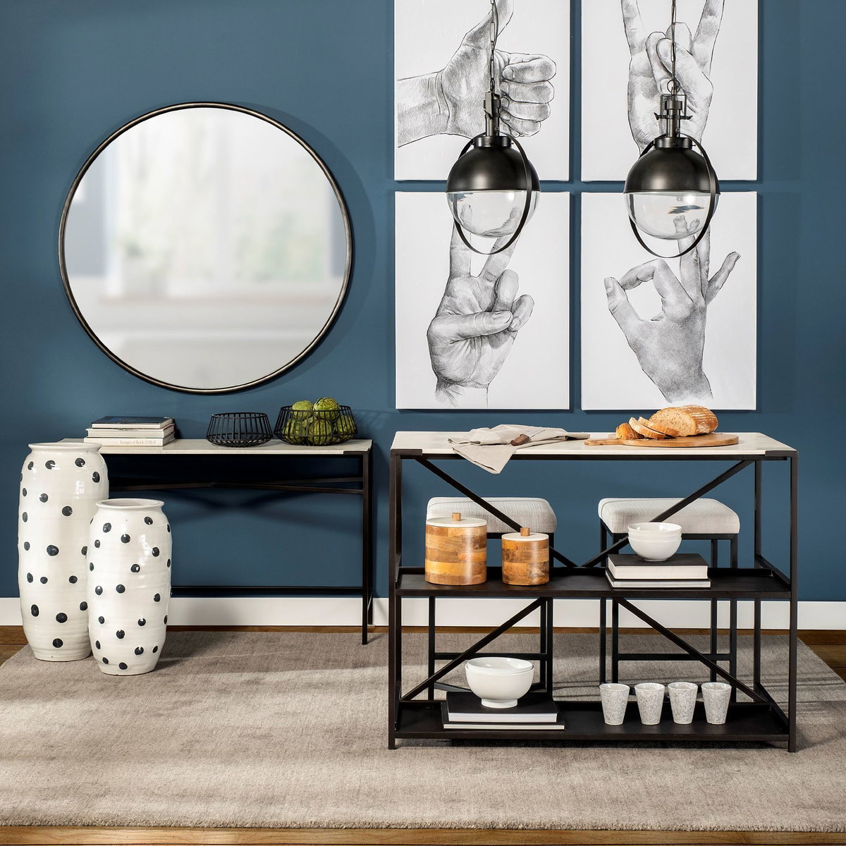 Emilio Set of 2 Black Metal Slated Bowls, Decorative Bowl by Mercana, 13.19" length x 13.19" width x 5.51" height View 2