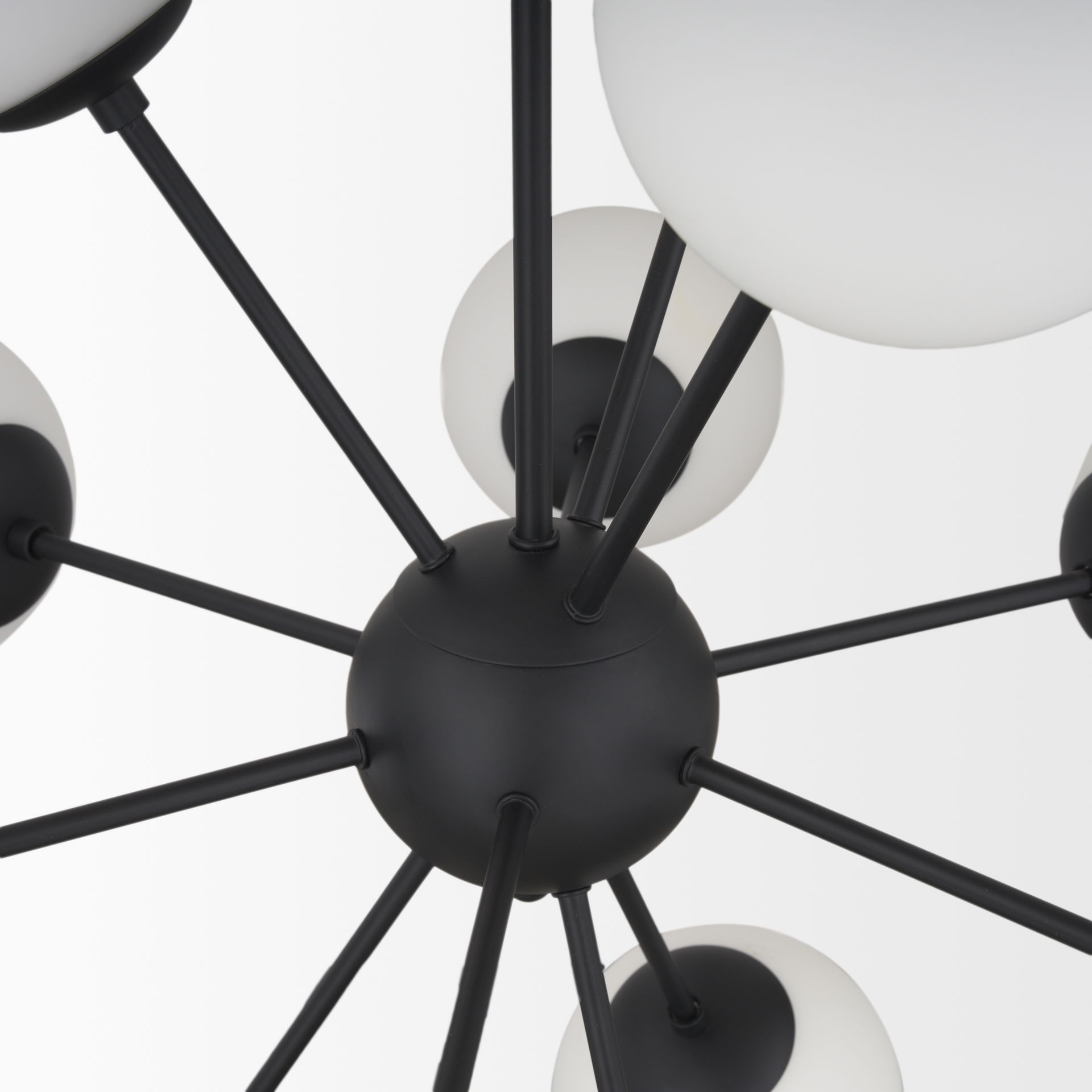 Barbara Matte Black Metal with Frosted Glass Globes 11-Light Chandelier, by Mercana, 31.5" length x 31.5" width x 31.5" height View 8