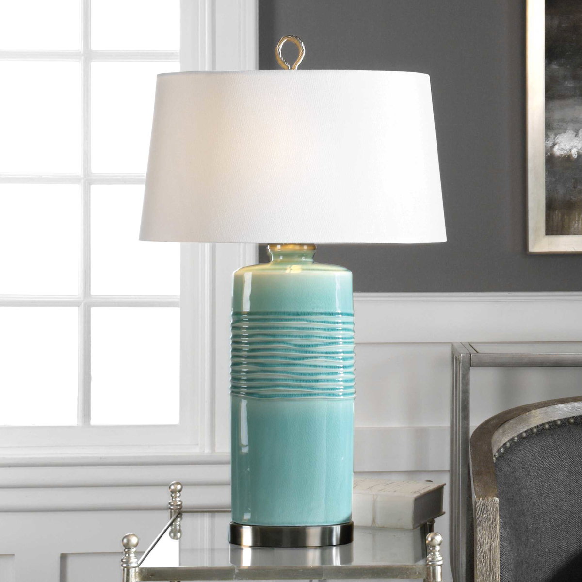 Rila Distressed Teal Table Lamp, by Uttermost, 19" width x 32" height x 13" depth View 2