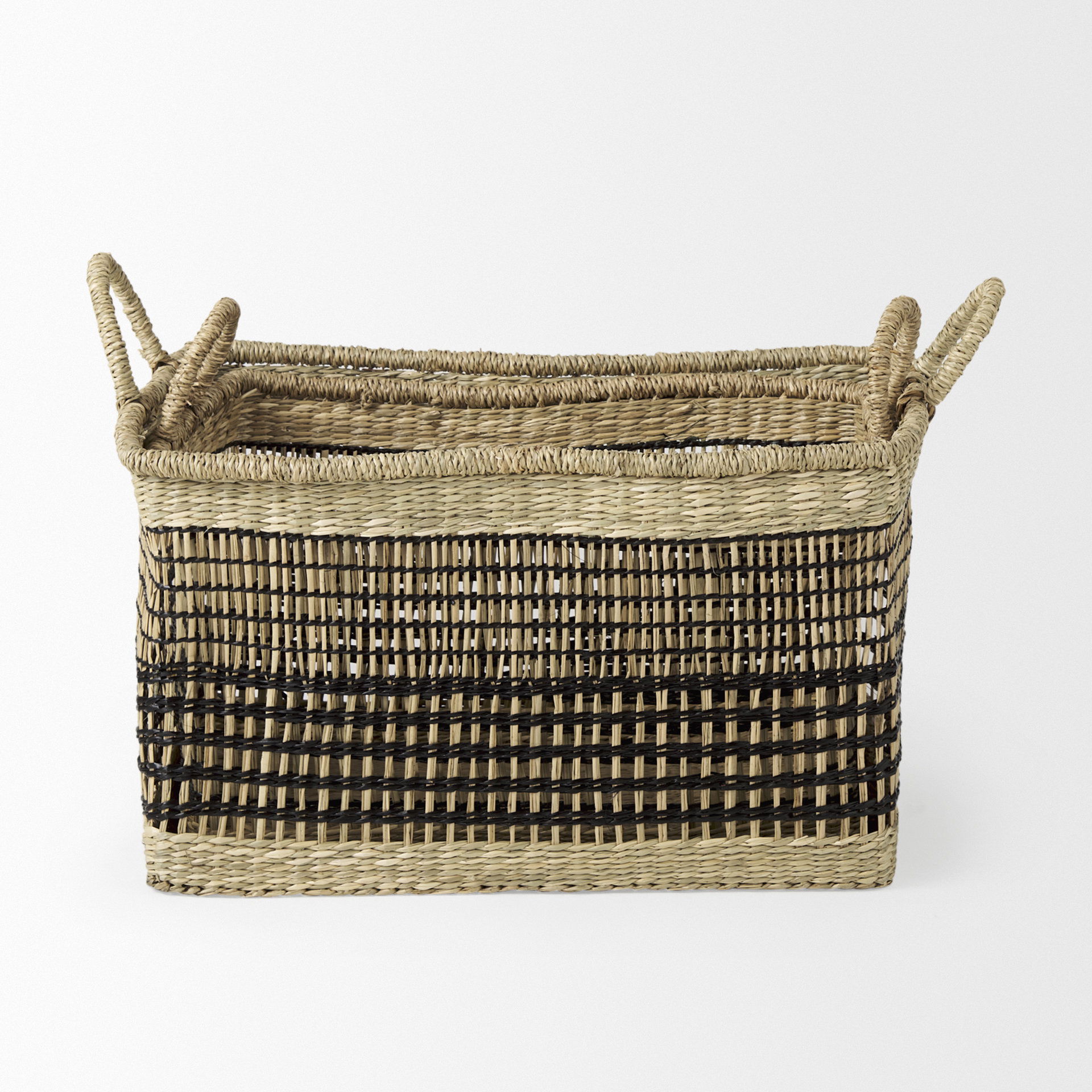 Nia  Set of 2 Light Brown Seagrass Rectangular Basket with Handles, Bins & Basket by Mercana, 18.5" length x 13.39" width x 14.57" height View 4
