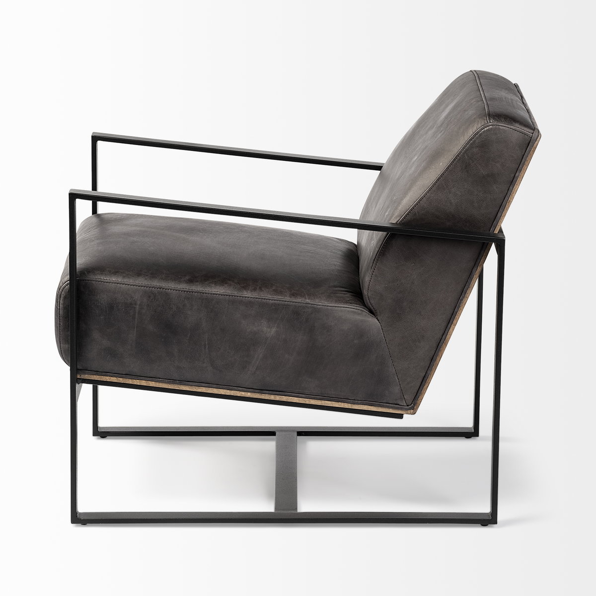 Stamford Black Genuine Leather Seat with Wood Back, Metal Frame Accent Chair, by Mercana, 24.41" length x 31.89" width x 28.94" height View 7