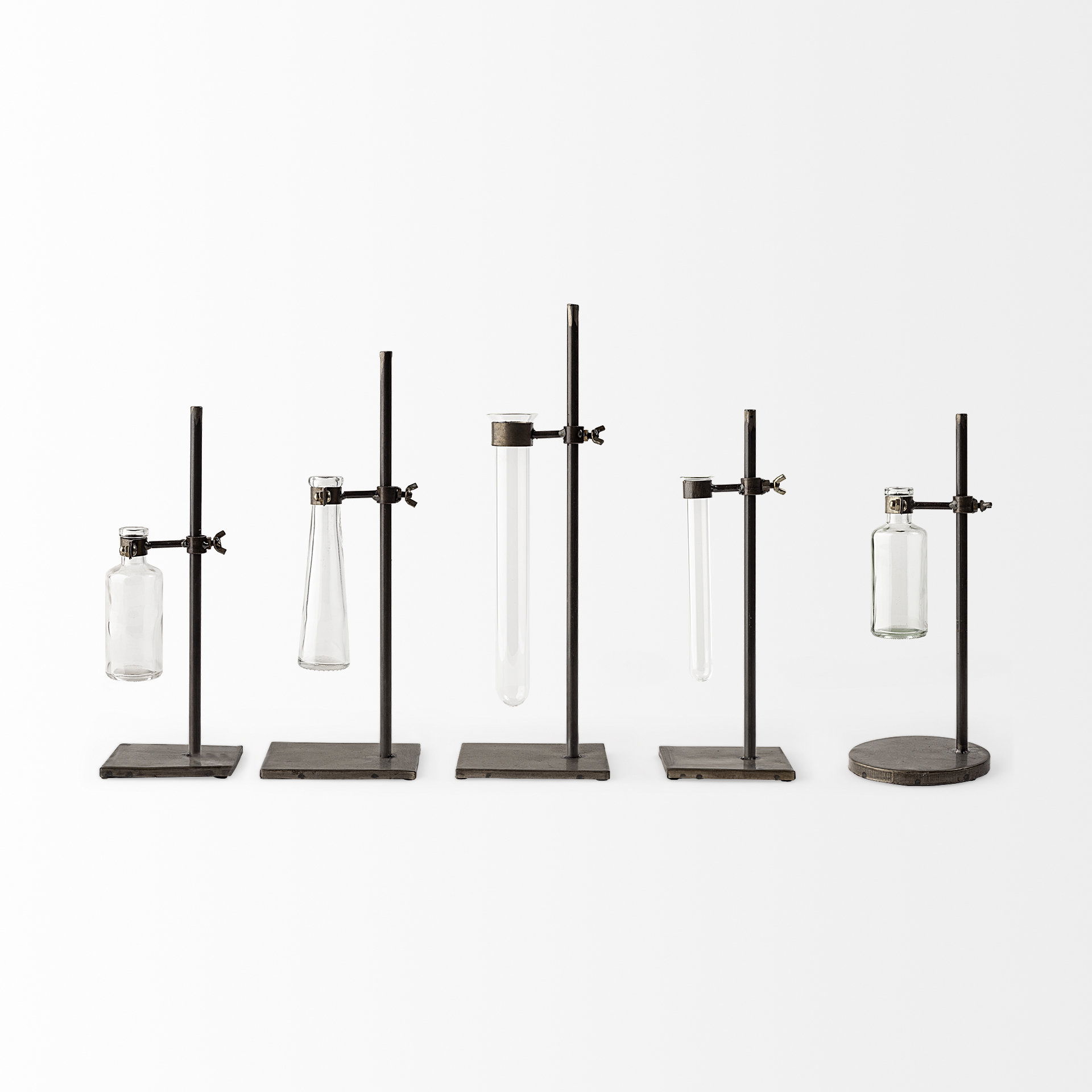 Jarvis Set of Five Dark Brown Metal and Glass Chemistry Inspired Bottles large image 
