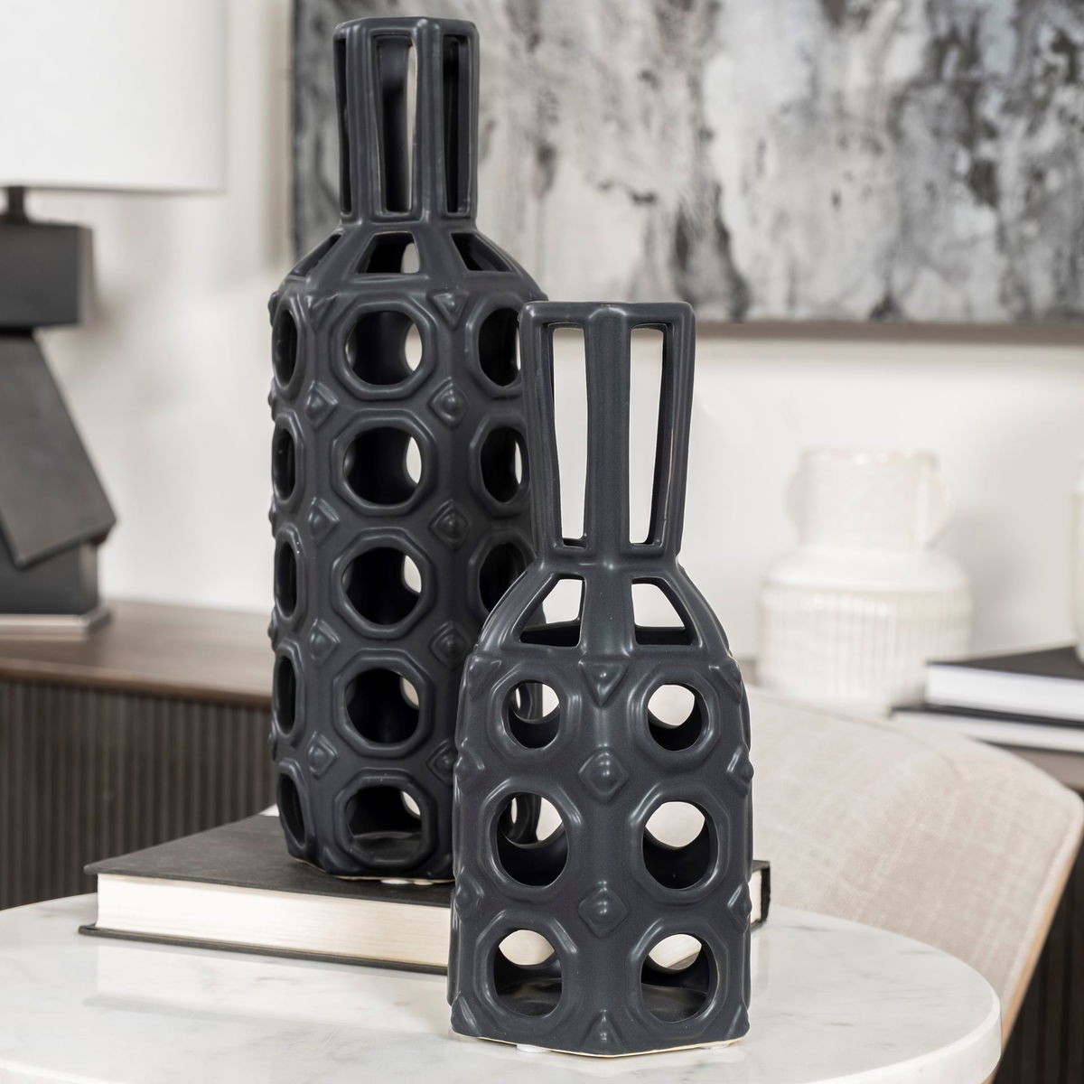 Brunel Large Black Drum-Shaped Ceramic Vase, by Mercana, 3.94" length x 3.94" width x 12.01" height View 5