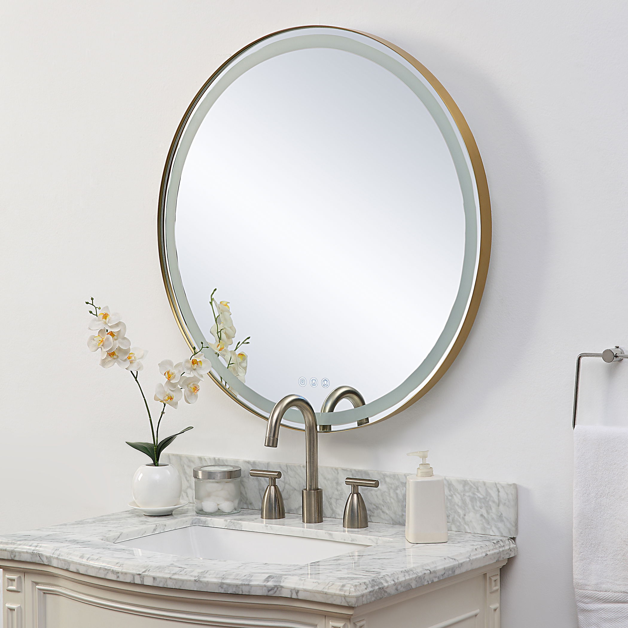 Crofton Lighted Brass Round Mirror large image 