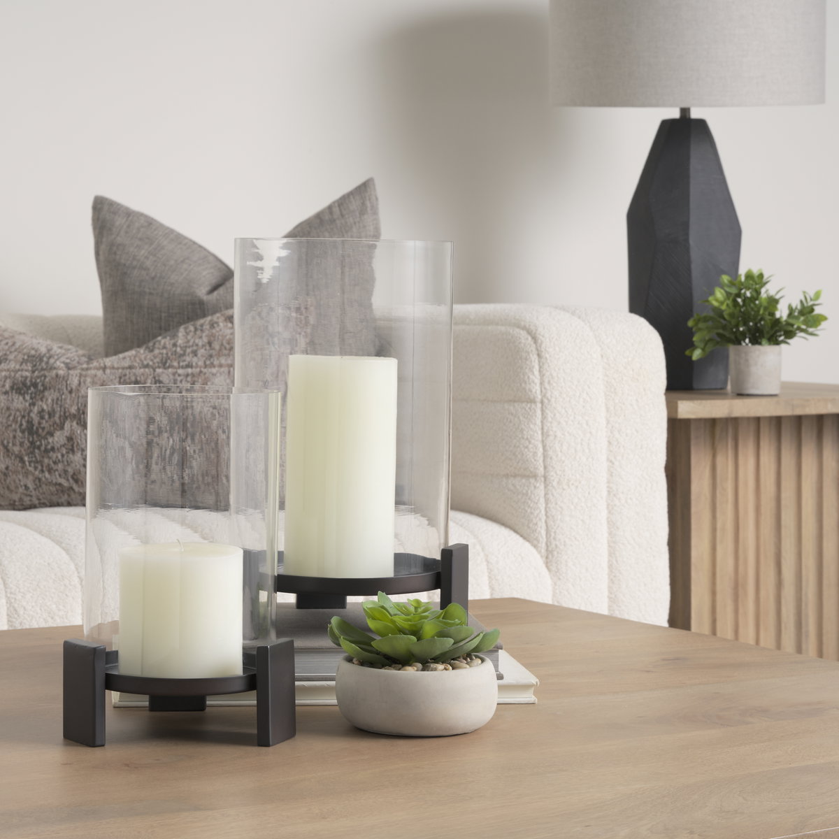 Price Small Matte Black-Brown Metal with Glass Hurricane Candle Holder, Candles & Candle Holder by Mercana, 8" length x 8" width x 11.5" height View 2
