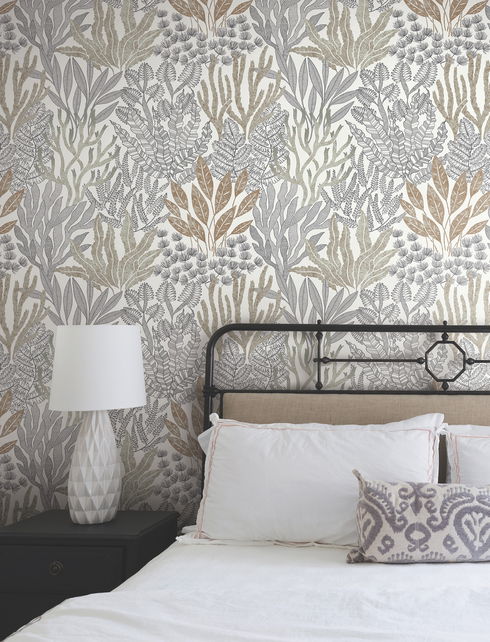 Coral Leaves Taupe & Black Wallpaper