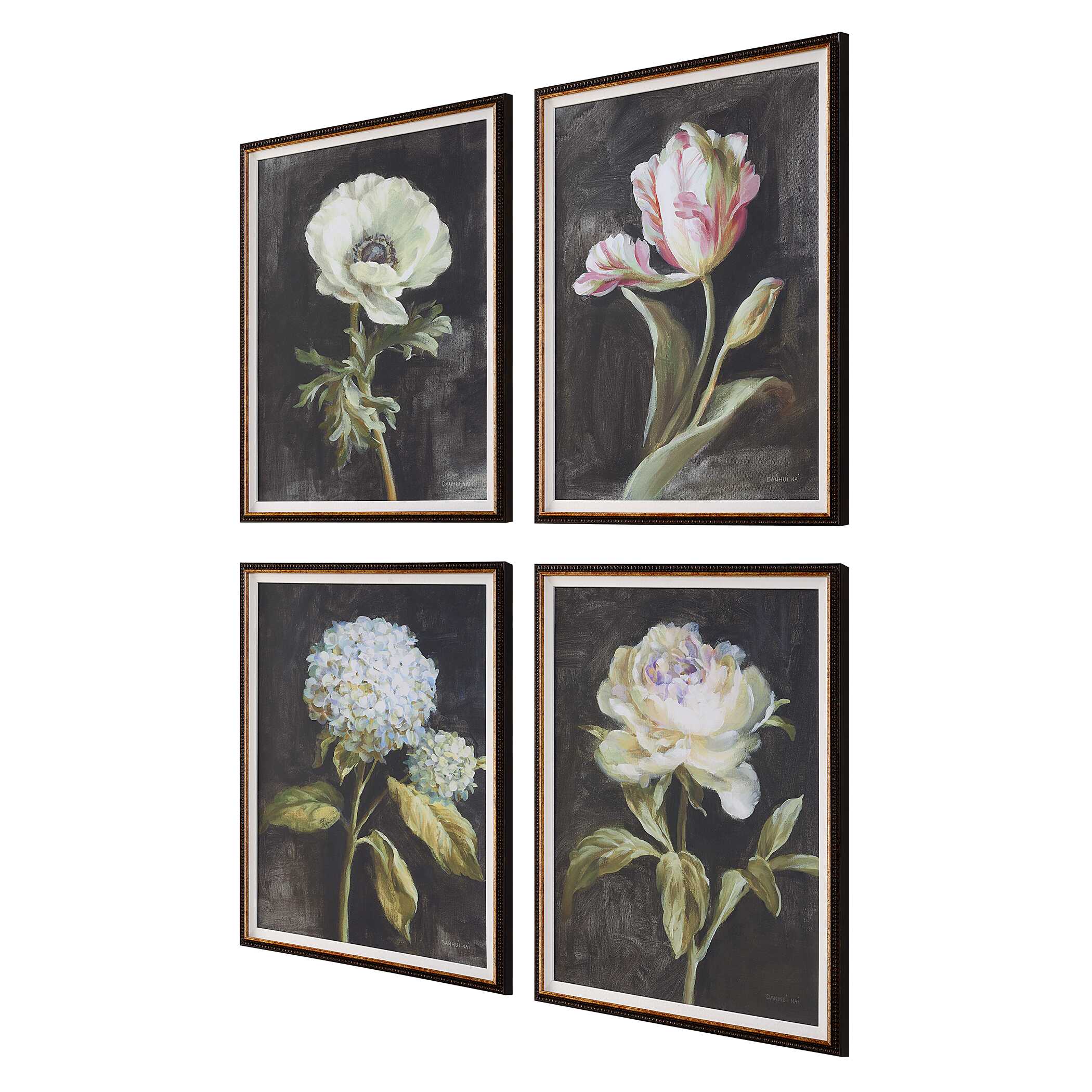 Florals On Black Framed Prints Set/4 large image 