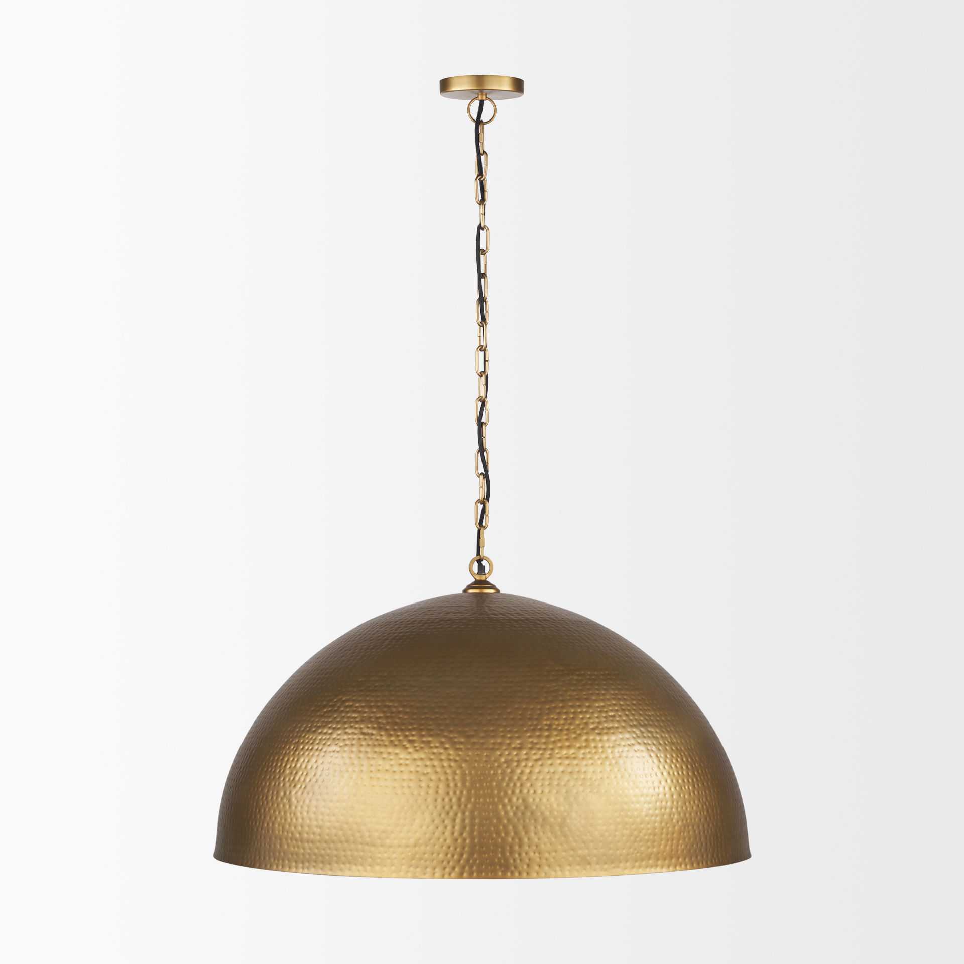 Karina 36' Round Brass-tone Hammered Metal Dome Pendant Light, by Mercana, 39" length x 39" width x 23" height View 3