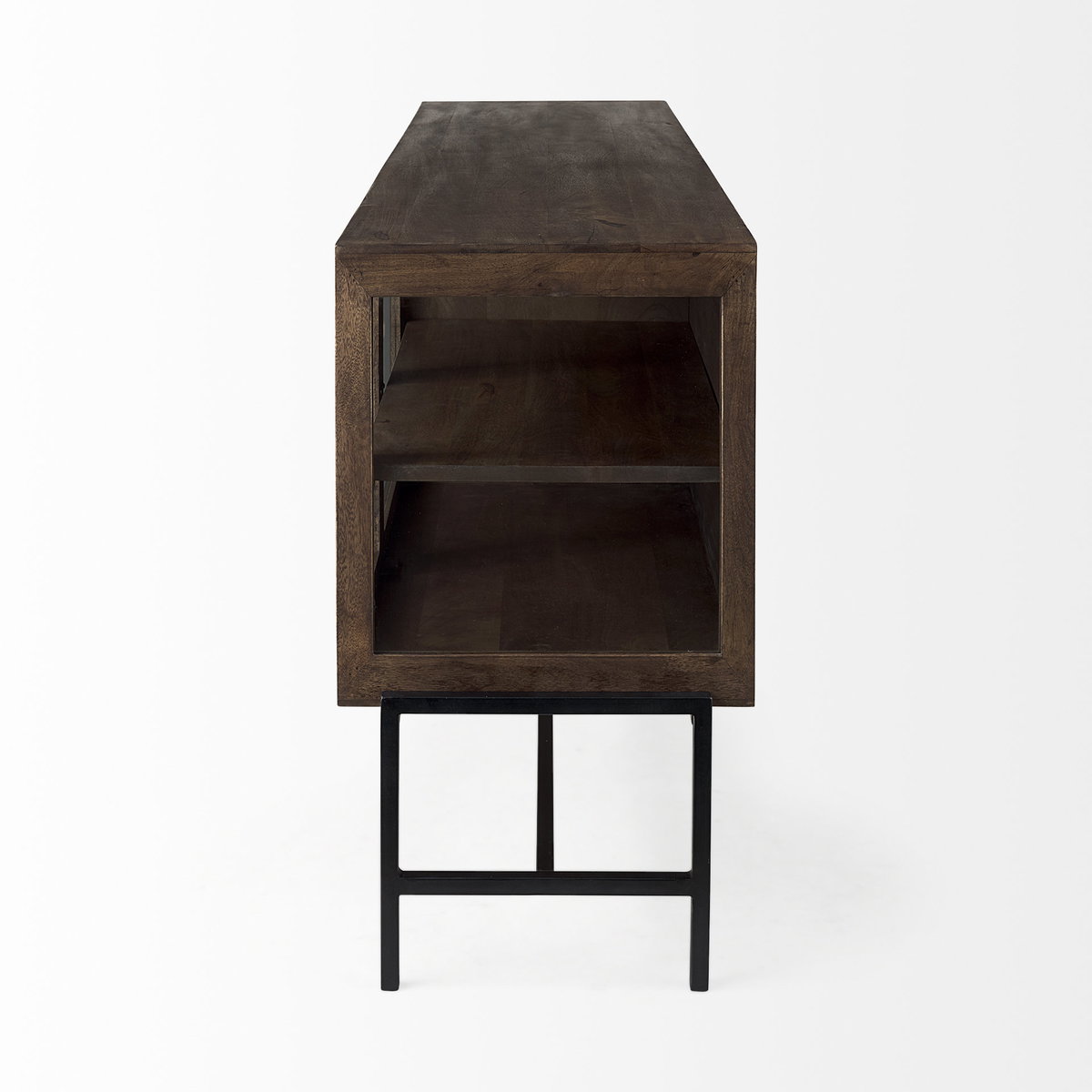 Arelius 70L x 18.75W x 32H Medium Brown, Black Metal Base with 4 Glass Door Cabinets Sideboard, Sideboards & Buffet by Mercana, 70" length x 18.75" width x 32" height View 6
