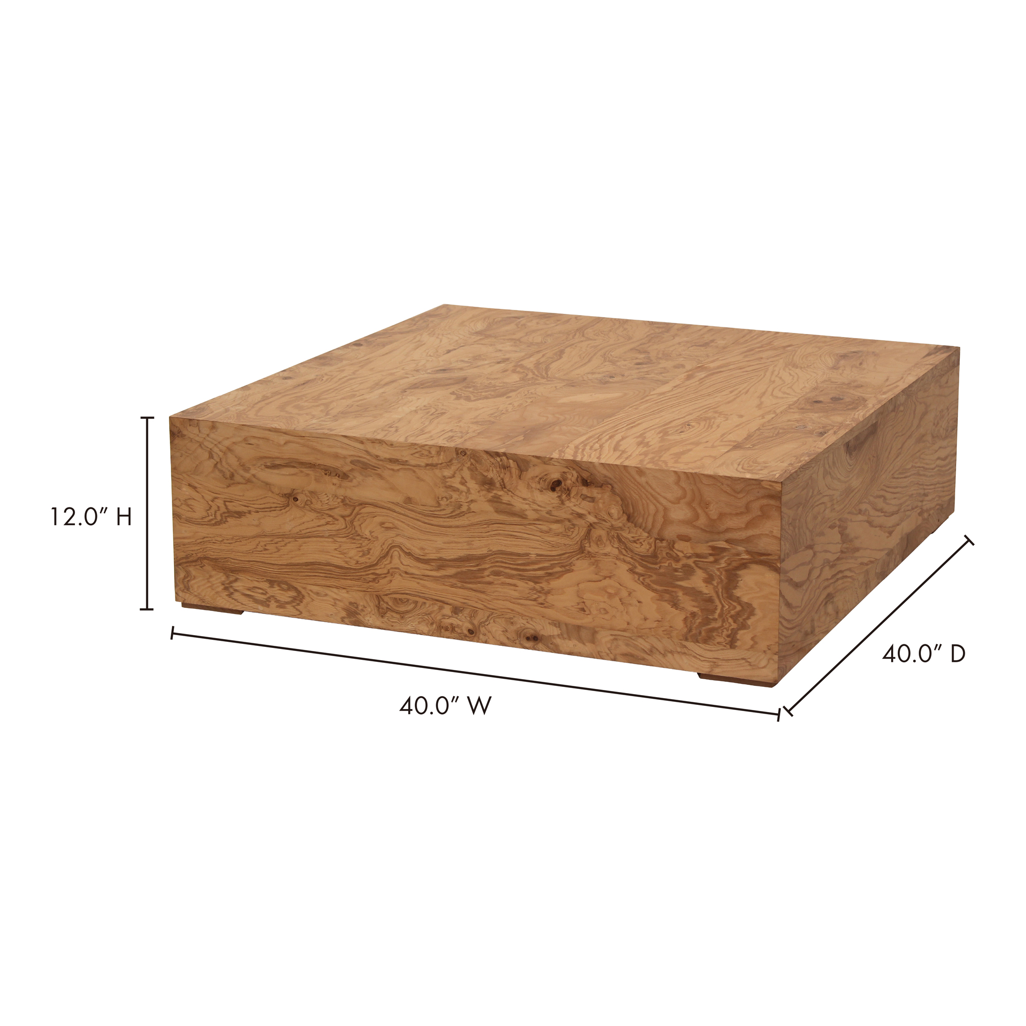 Nash Coffee Table Honey Brown Burl, by Moe's Home, 40" width x 12" height x 40" depth View 9