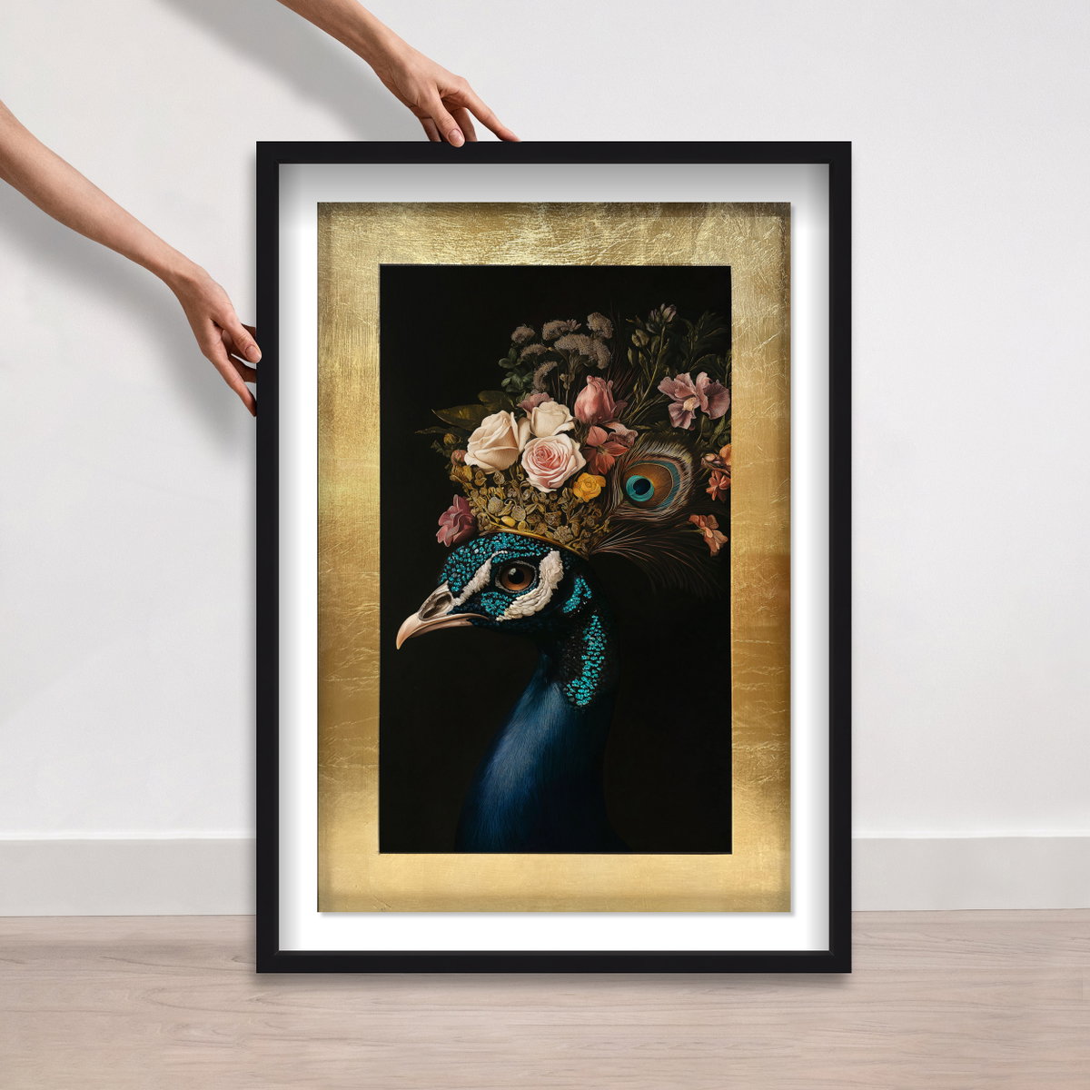 Peacock's Crown II - With Hand-Applied Gold Leaf & Glitter (Black and Teal Glitter, Gold Leaf Mat), Art by Oliver Gal,  24x36 View 4