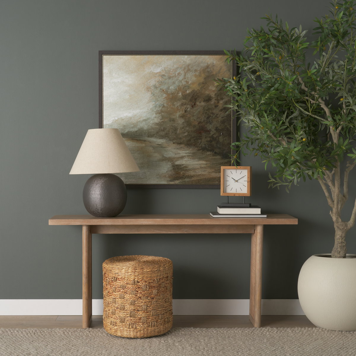 Renaya Light Brown Wood with Matte Black Metal Base Table Clock, by Mercana, 8.07" length x 2.76" width x 11.02" height View 2