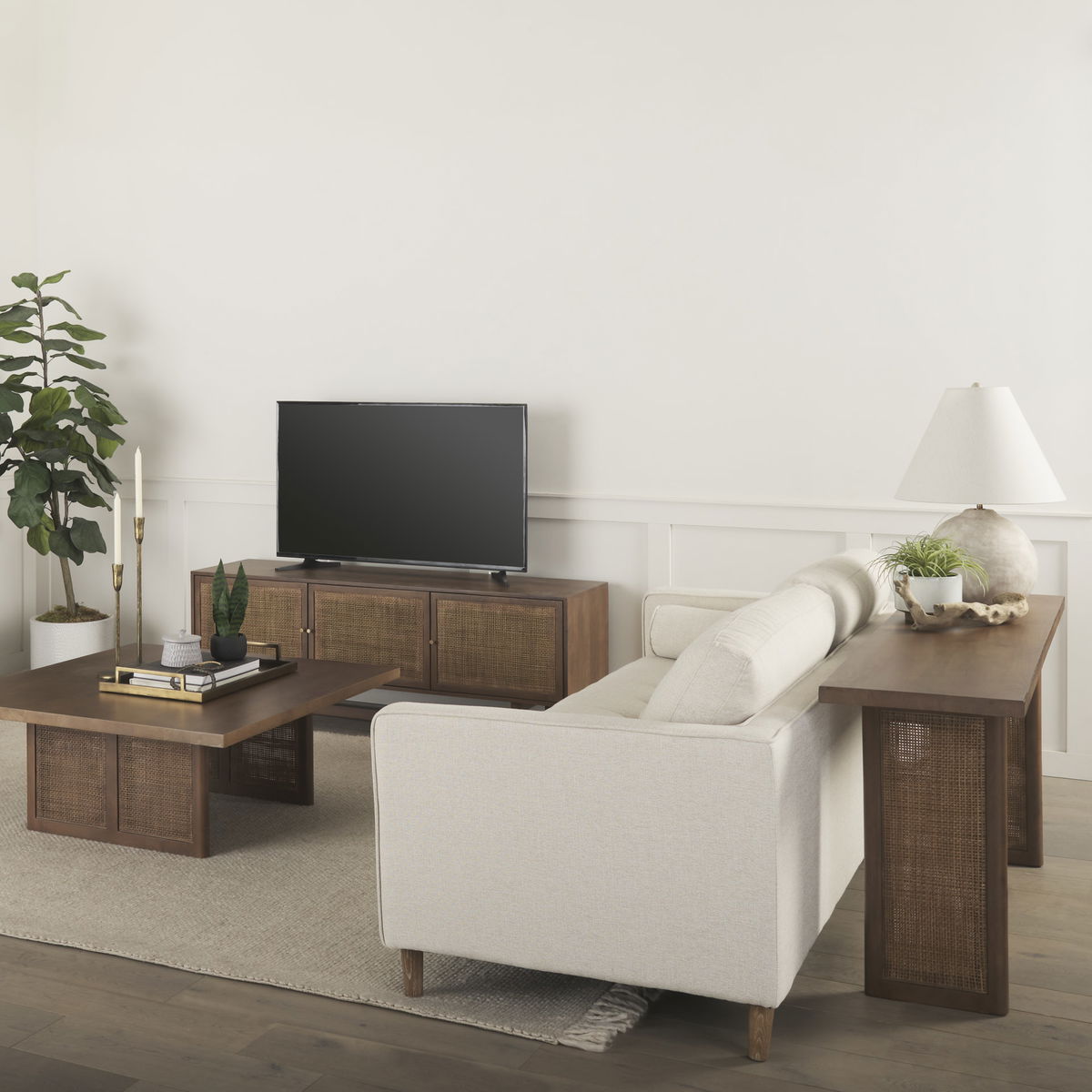 Grier 65' Medium Brown Wood with Cane Media Console, by Mercana, 65" length x 18.75" width x 23" height View 2