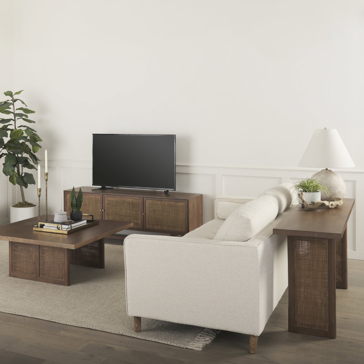 Grier 65' Medium Brown Wood with Cane Media Console, by Mercana, 65" length x 18.75" width x 23" height View 2