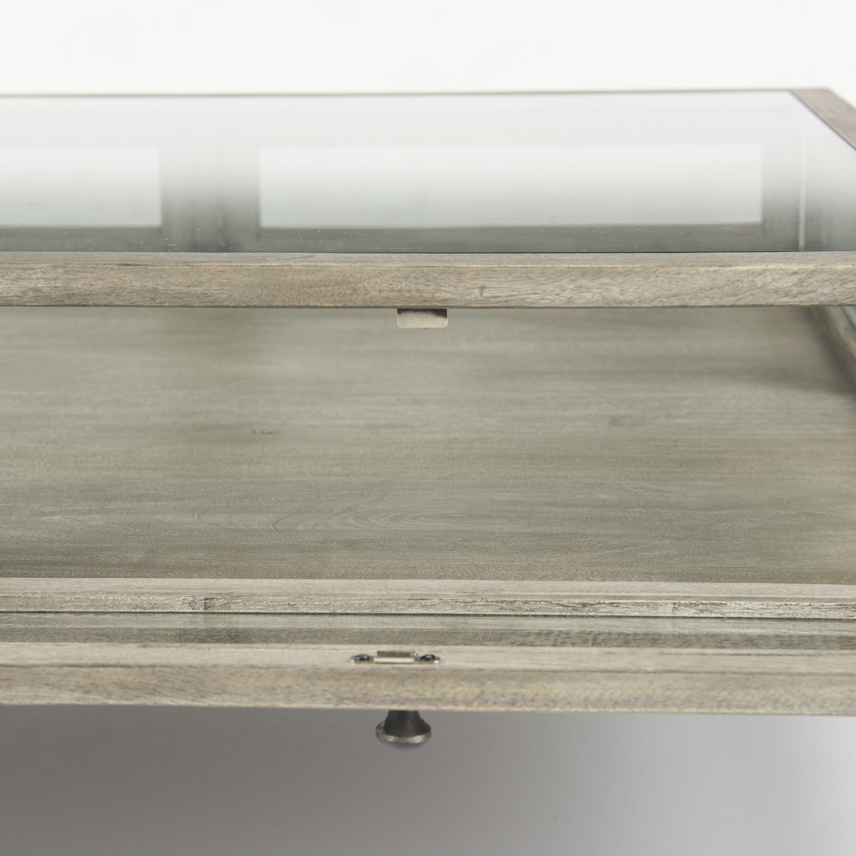 Arelius 42' Square Glass-Top Gray Wood with Black Metal Base Display Coffee Table, by Mercana, 43.5" length x 42" width x 15" height View 8