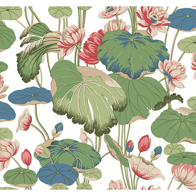 Lotus Pond Green & Pink Wallpaper large image 