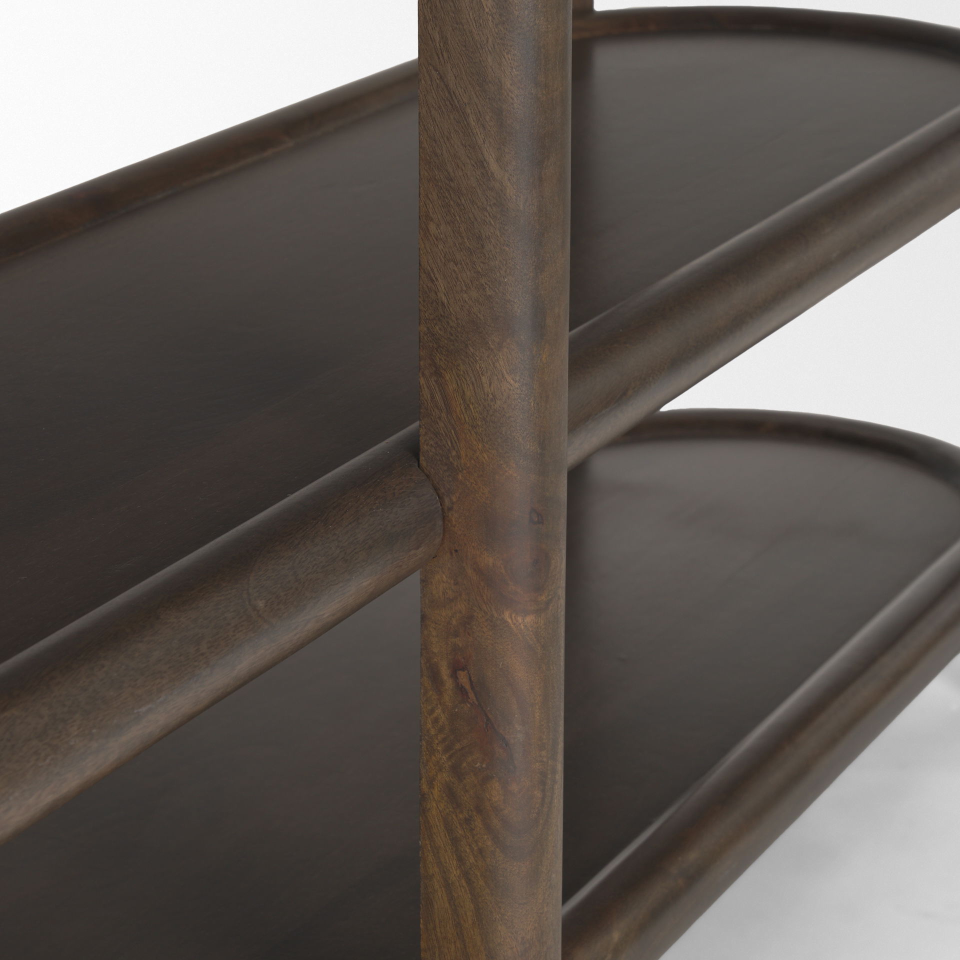 Romi Dark Brown Wood with 3 Shelves Oval Console Table, by Mercana, 80" length x 19" width x 30" height View 9