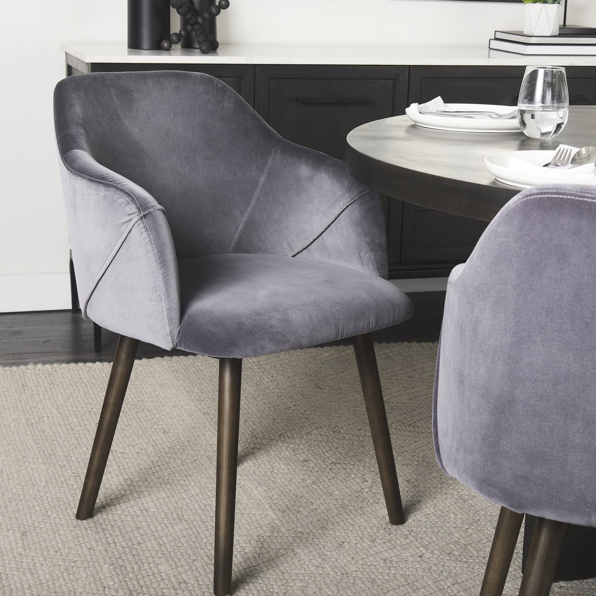 Ronald Curved Back Dining Side Chair | Grey Velvet with Black Wood, Dining Chair by Mercana, 23.25" length x 21.75" width x 32.25" height View 3