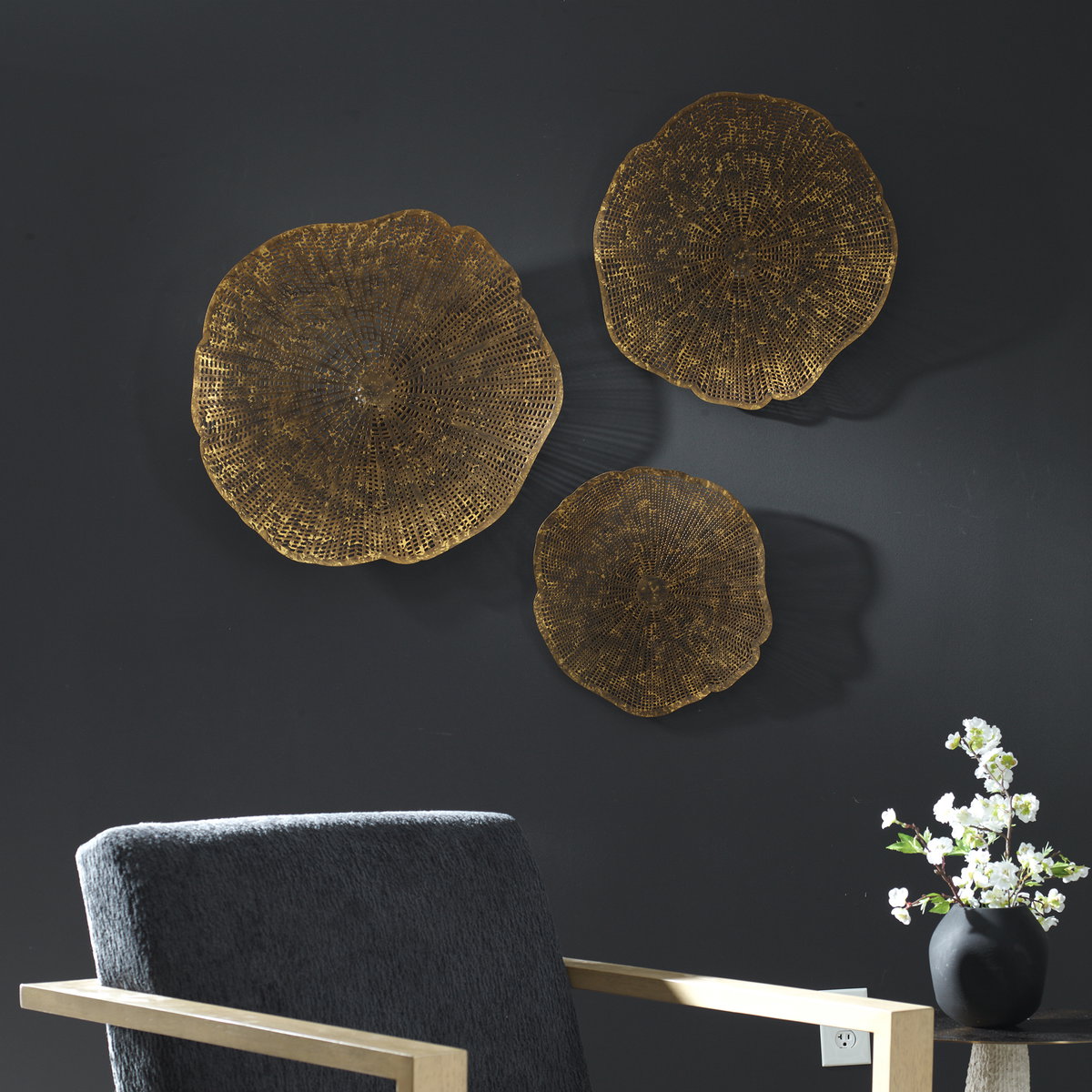 Radiance Gold Metal Wall Decor Set/3, Sculptural Wall Art by Uttermost, 23.5" width x 23" height x 3.75" depth View 2