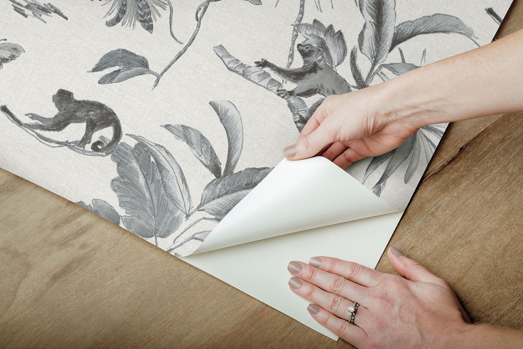 Botanicals & Lemurs Grey Peel & Stick Wallpaper large image 