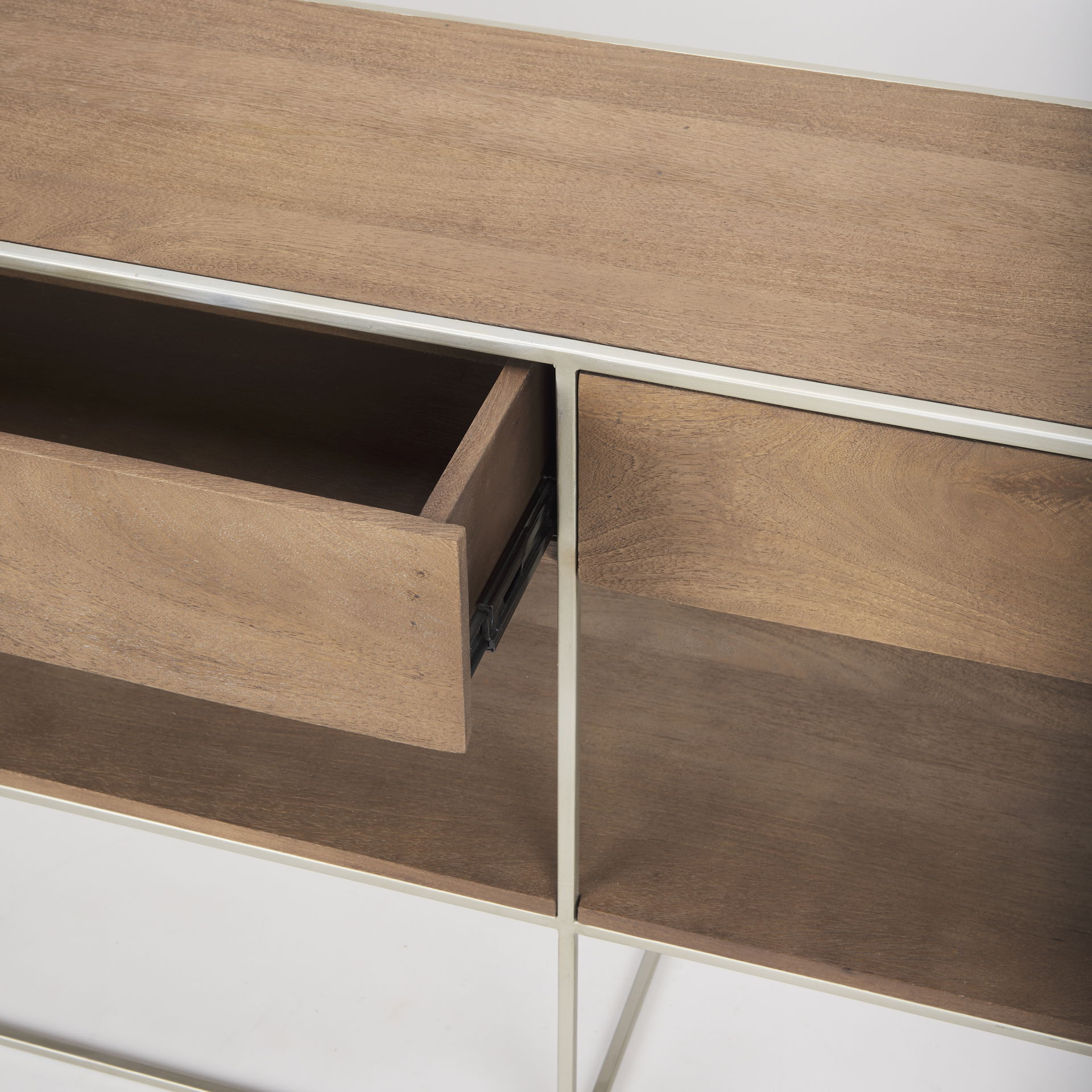 Morris I 63L x 15W x 31H Brown Wood with Silver Metal Frame 2 Drawer Console Table, by Mercana, 63" length x 15" width x 31" height View 11