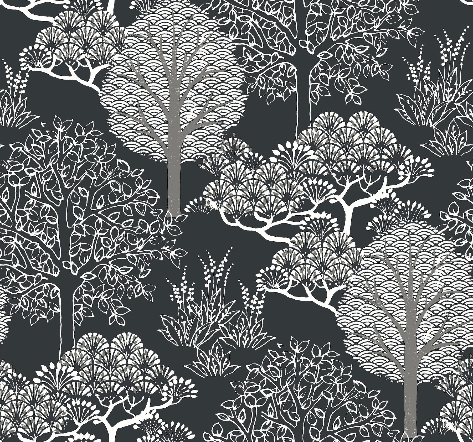 Kimono Trees Black Metallic Wallpaper large image 