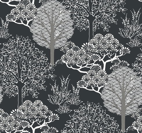 Kimono Trees Black Metallic Wallpaper