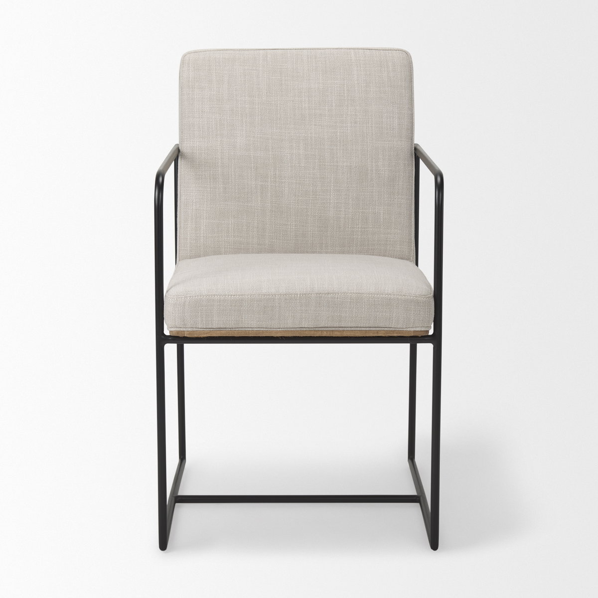 Stamford Beige Upholstered Seat with Wood Back, Black Metal Frame Dining Chair with Arms, by Mercana, 25" length x 20.5" width x 36" height View 4