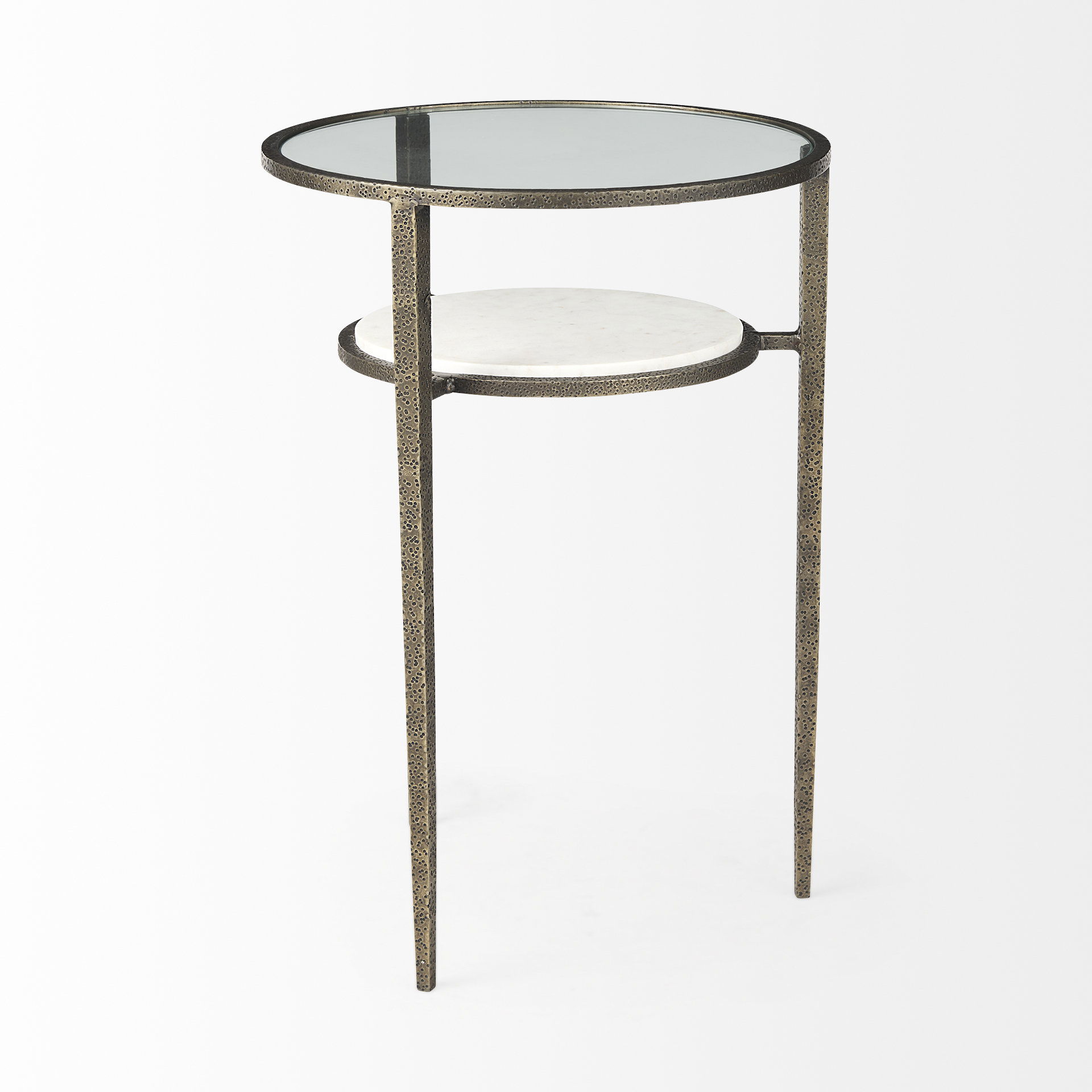 Felicity 15.8L X 15.8W X 22.5H Glass Top with White Marble Shelf and Antique Gold Base End/Side Table large image 