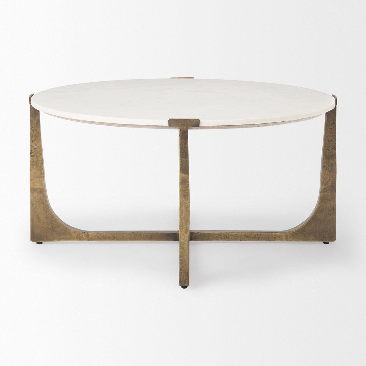 Atticus Marble and Antiqued Gold Metal Coffee Table, by Mercana, 34" length x 34" width x 16.25" height View 4