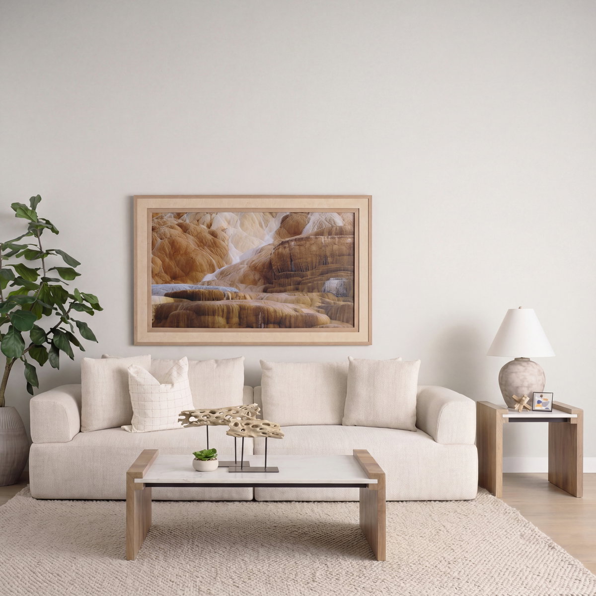 Athens   Light Brown Wood and White Marble Coffee Table, by Mercana, 48" length x 28" width x 16" height View 2